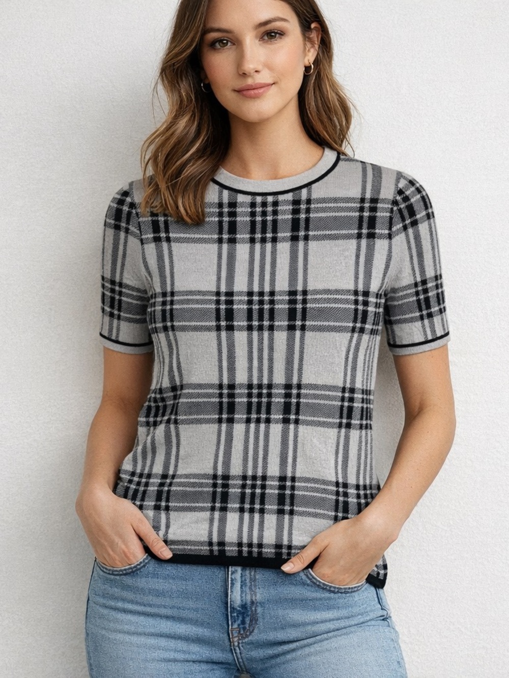 'S Max Mara Lesena Plaid Short‎ Sleeve Black Gray Wool Sweater Size S
